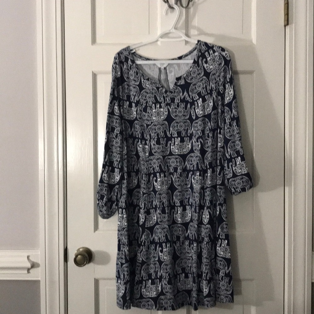 Crown & Ivy 1X Elephant Print Dress Navy & White